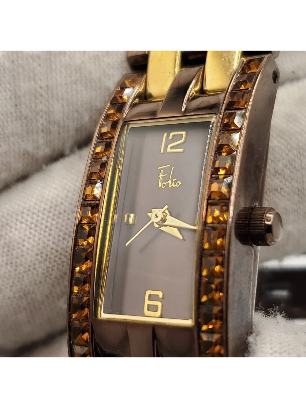 Folio Quartz Watch Womens 17mm Two-Tone Rectangle New Battery